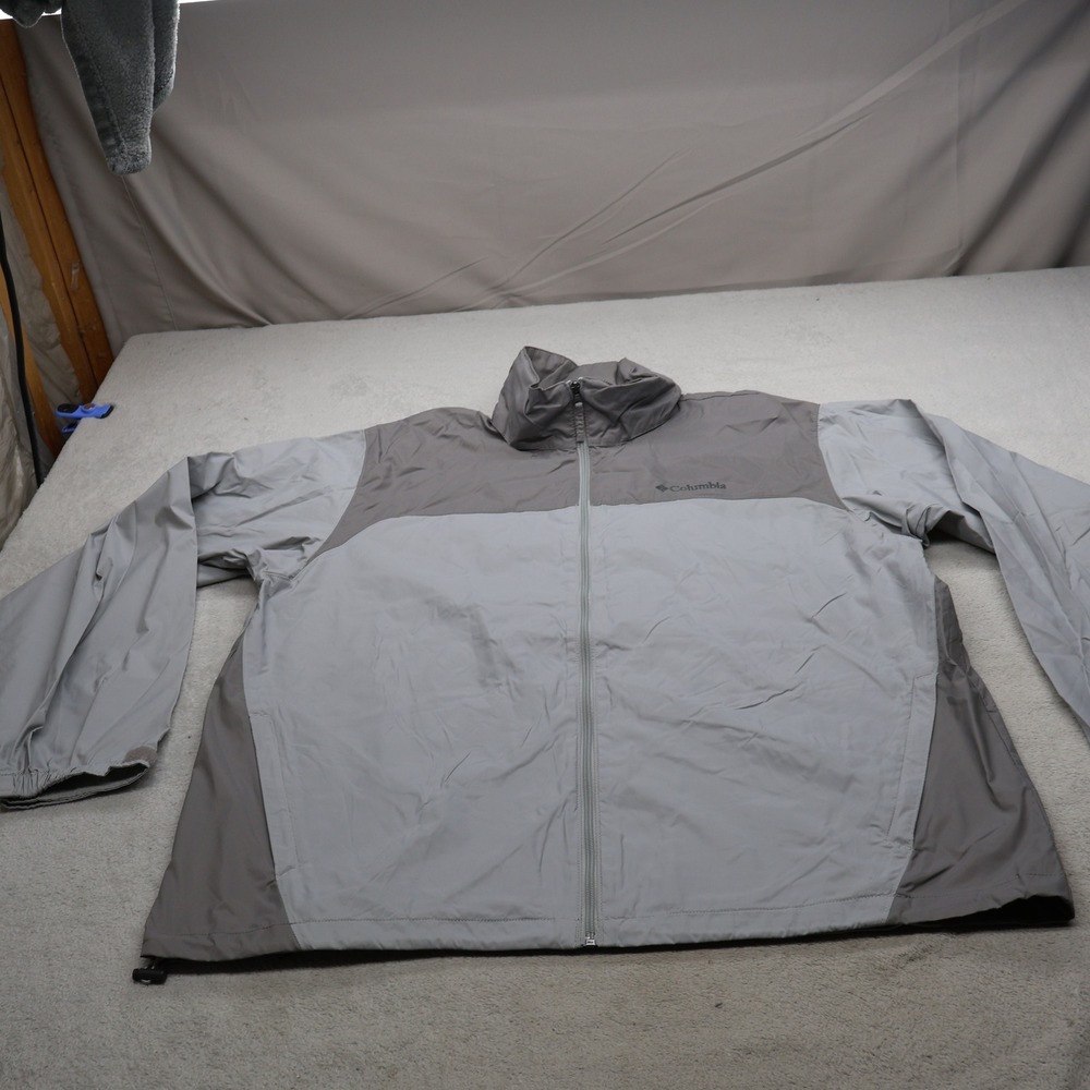 Columbia Jacket Mens XL Grey Packable Light Rain Wind Full Zip Hiking Outdoor